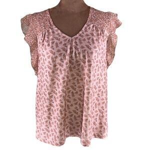 DR2 Floral Blouse Women's M Pink Green Ruffle Sleeve V-Neck Lightweight NWT